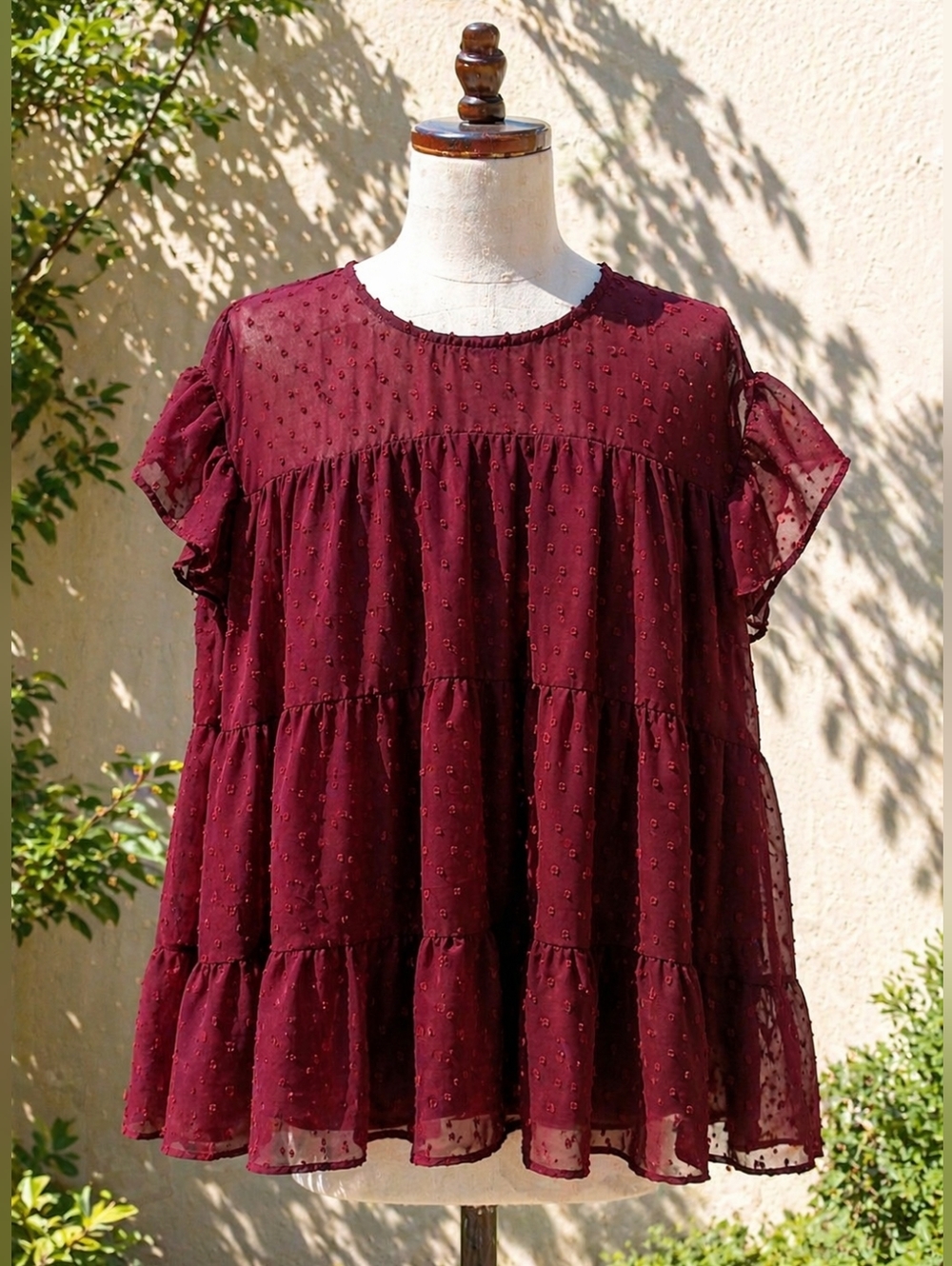 Entro Burgundy Swiss Dot Babydoll Blouse Large Flutter Sleeve Tiered Top